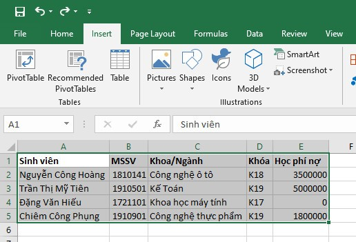 Tạo bảng bằng Border trong Excel